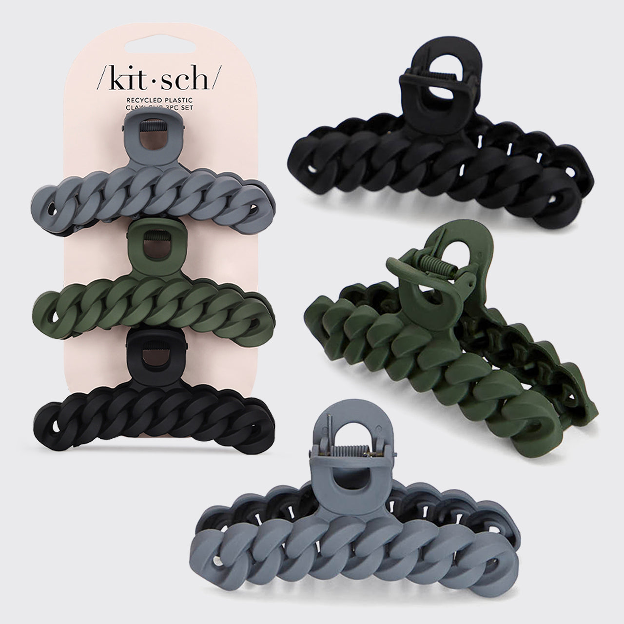 Set di 3 mollette a catena con artigli in nero e muschio