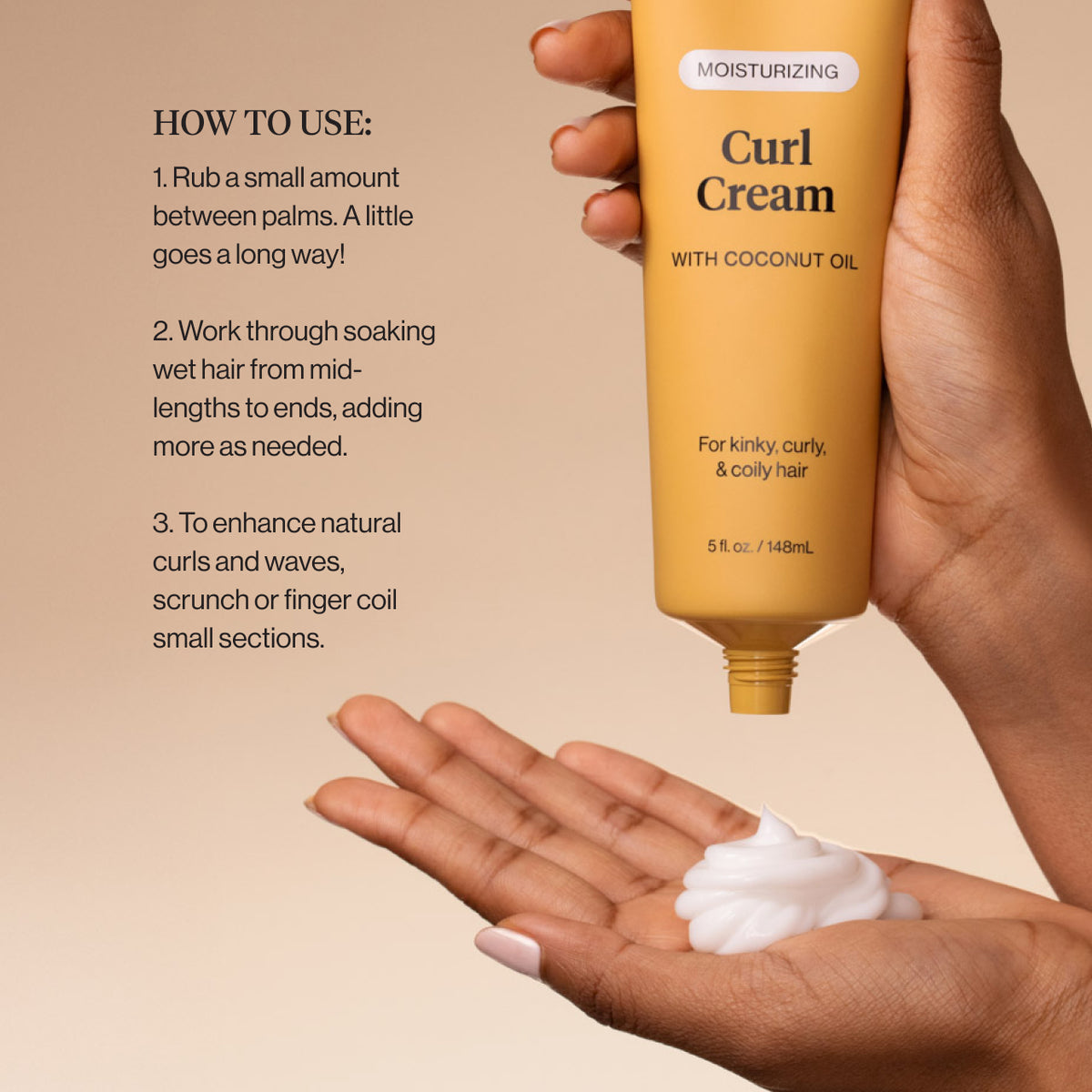 How to use KITSCH Moisturizing Curl Cream: rub a small amount between palms, work through soaking wet hair from mid-lengths to ends, then scrunch or finger coil small sections