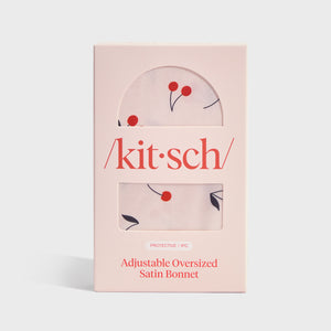 KITSCH Cherry Print Oversized Satin Bonnet — packaging shot — adjustable, double-layered satin, cherry print