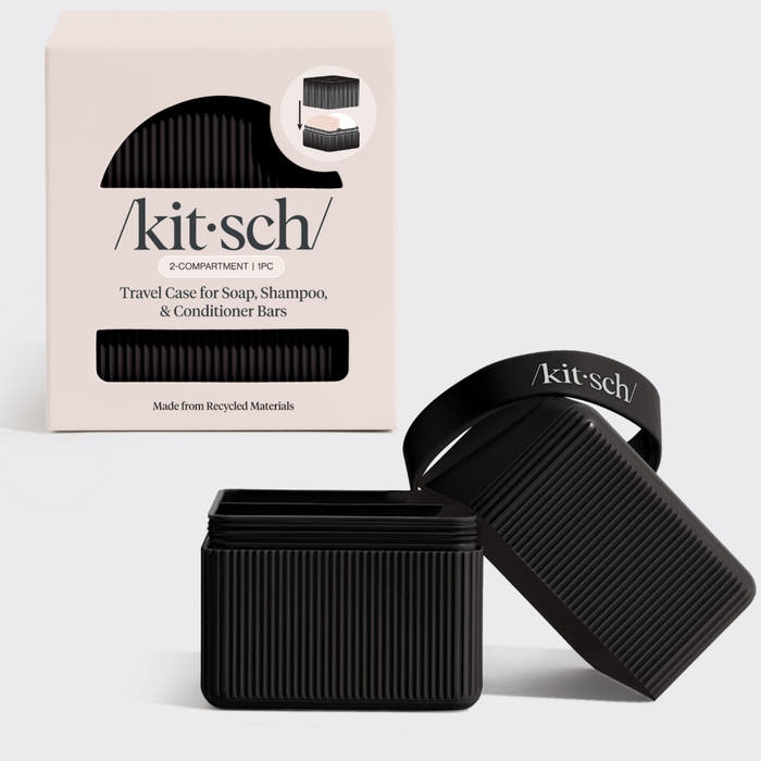 KITSCH 2-Compartment Travel Case Black — open case with solid shampoo and conditioner bars inside — KITSCH branding on case band — TSA-approved, eco-friendly recycled plastic construction