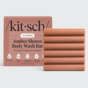 Kitsch Cleansing Amber Shores Body Wash Bar with ridged bar and packaging on a white background