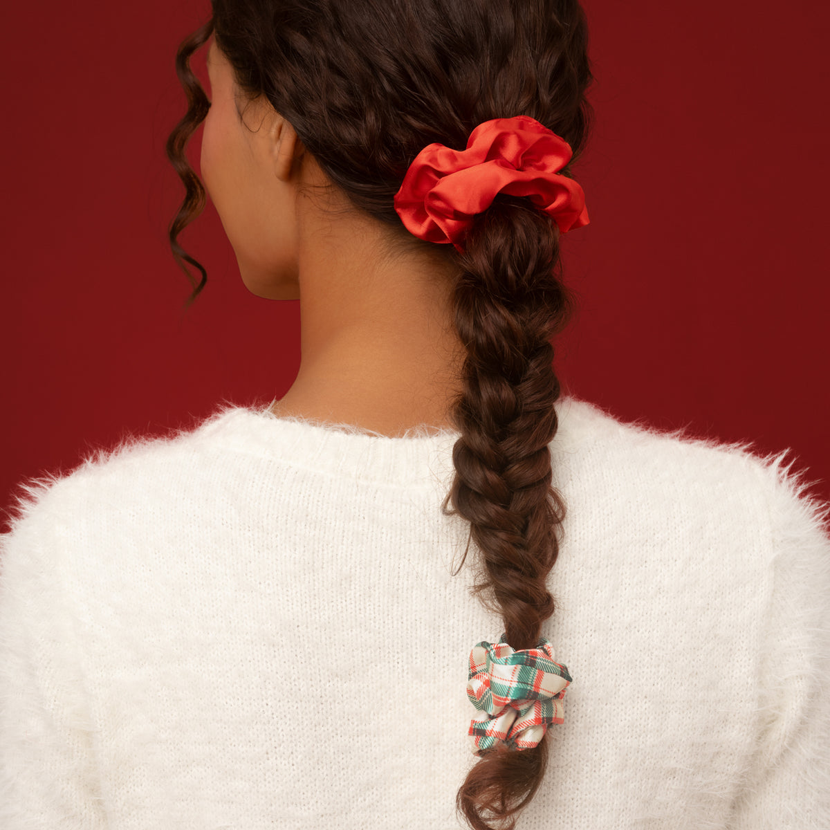 KITSCH Red & Gold Holiday Scrunchies 3pc Set — back view of a long braid tied with the red scrunchie at the top and the plaid one at the end — Creates effortless ponytails, buns, and braids — holiday parties