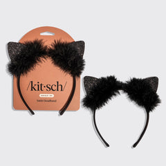 Cerchietto con orecchie da gatta in raso nero con glitter
