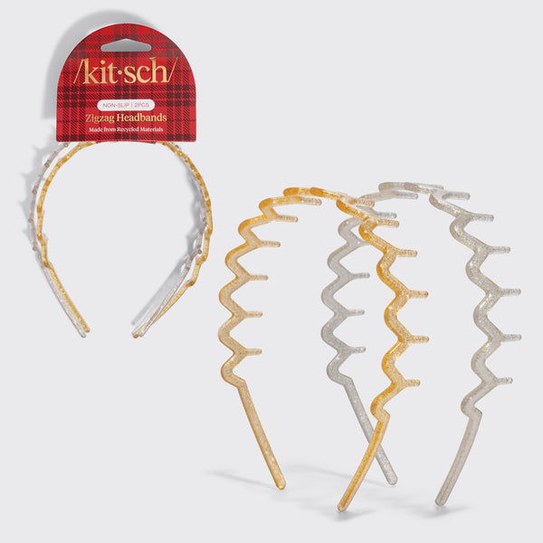 KITSCH Gold & Silver Zig Zag Headbands 2pc Set — gold and silver glitter zigzag headbands shown on and beside the red plaid Kitsch packaging card — Keeps hair comfortably away from the face — holiday outfits and everyday looks