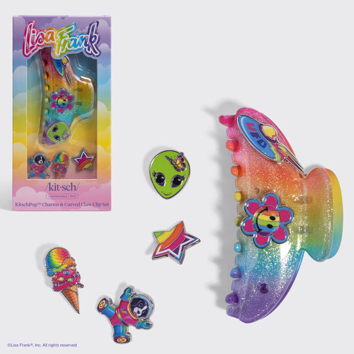 KITSCH Lisa Frank x KitschPop Curved Claw Clip 7pc Set - Fantastic World of Lisa Frank — rainbow glitter curved claw clip with a smiley flower charm beside its box and loose charms: alien, star, ice cream cone, and astronaut — interchangeable charms, endless cosmic combinations — create an easy half-up look or clip hair all the way up