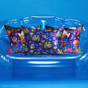 KITSCH Lisa Frank x Kitsch Satin Pillowcase in Zoomer & Zorbit and Lisa Frank x Kitsch Satin Pillowcase in Saturn Sundae — three satin pillowcases on a clear blue inflatable couch, Zoomer & Zorbit print in front with Saturn Sundae behind — tame frizz and reduce breakage, prevent facial creases — mix and match Lisa Frank prints for smoother hair and skin overnight