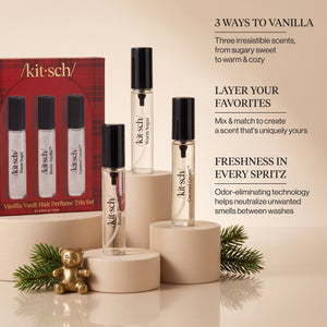 KITSCH Vanilla Vault Hair Perfume Trio Set — infographic of the red plaid gift box beside the three mini perfumes Warm Sugar, Rustic Vanilla and Caramel Cream on cream pedestals with a brass teddy bear and pine branches, with callouts 3 Ways to Vanilla, Layer Your Favorites and Freshness in Every Spritz — Patented technology helps neutralize unwanted odors at the source instead of simply masking them — wear it solo or layer with other Kitsch Hair Perfumes to create your own signature scent