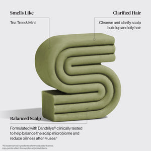 KITSCH Tea Tree & Mint Clarifying Solid Shampoo Bar benefit callout on light gray background — Smells Like: Tea Tree & Mint — Clarified Hair: Cleanses and clarifies scalp buildup and oily hair — Balanced Scalp: Dandrilys® clinically tested to help balance the scalp microbiome and reduce oiliness after 4 uses