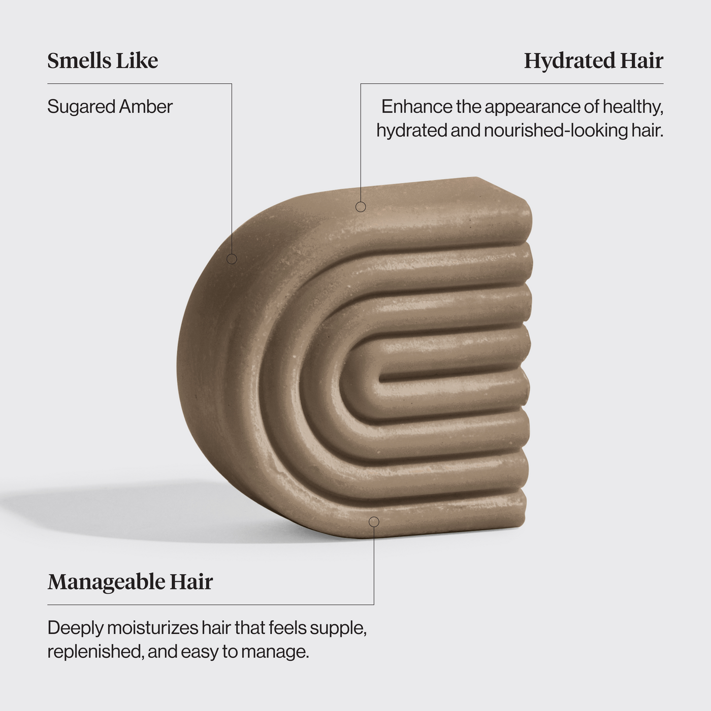KITSCH Shea Butter Hydrating Solid Conditioner Bar — feature infographic on light background — Smells Like: Sugared Amber | Hydrated Hair: Enhance the appearance of healthy, hydrated and nourished-looking hair | Manageable Hair: Deeply moisturizes hair that feels supple, replenished, and easy to manage — Richly hydrates dry, thirsty strands — Formulated with Shea Butter to restore hair’s moisture, shine & luster