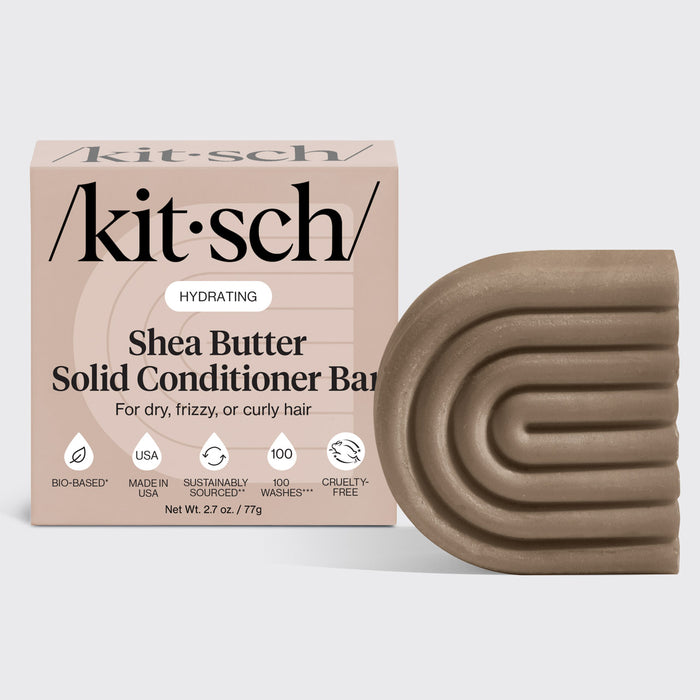KITSCH Shea Butter Hydrating Solid Conditioner Bar — hero product shot on light gray background — HYDRATING Shea Butter Solid Conditioner Bar retail box with bar — For dry, frizzy, or curly hair — Bio-based | Made in USA | Sustainably Sourced | 100 Washes | Cruelty-Free — Net Wt. 2.7 oz / 77g — Richly hydrates dry, thirsty strands — Seals in essential moisture to help tame unwanted frizz