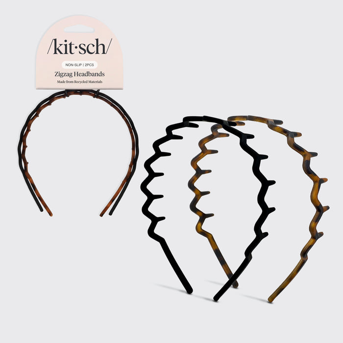 KITSCH Zig Zag Headband 2pc- Black & Tort — hero shot of 2-pack black and tortoiseshell zig zag headbands — crafted with recycled plastic, long wavy teeth for a comfortable non-slip grip — classic black and tortoise shell hues to coordinate with any outfit