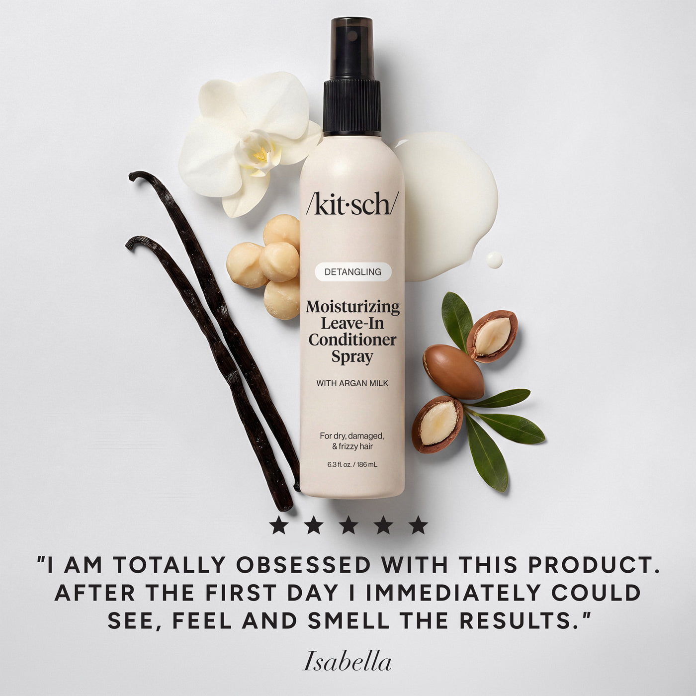 KITSCH Moisturizing Argan Milk Leave-In Conditioner — hero product shot — Infused with plant-based Actimilk™Argan to enhance hair softness by 35% after one hour — gently detangles wet & dry hair for softer, smoother, stronger strands