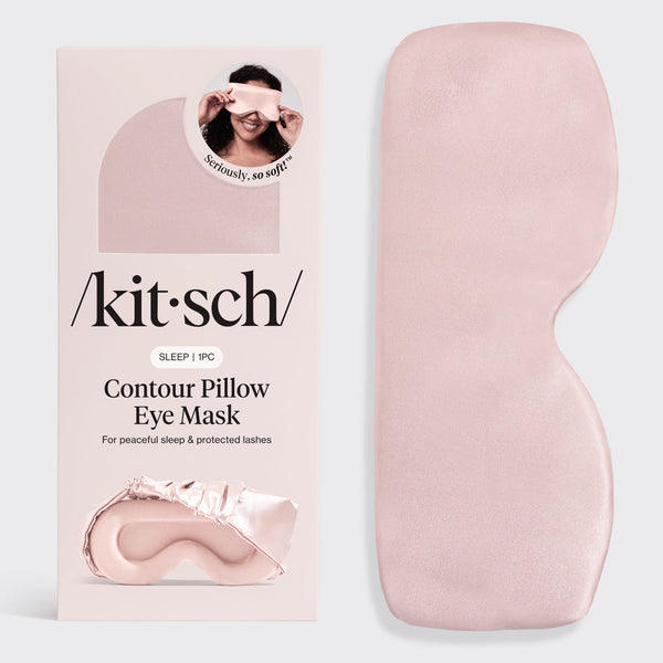 KITSCH Blush Contour Pillow Eye Mask — blush satin eye mask lying flat with its ruched elastic band visible — features a stretchy, ruched elastic band for a secure yet gentle fit — nightly sleep