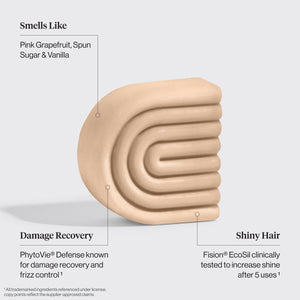 KITSCH Repairing Argan Oil Conditioner Bar — feature infographic on light background — Smells Like: Pink Grapefruit, Spun Sugar & Vanilla | Damage Recovery: PhytoVie® Defense known for damage recovery and frizz control | Shiny Hair: Fision® EcoSil clinically tested to increase shine after 5 uses — Formulated with Fision® EcoSil clinically proven to increase appearance of shine after 5 uses
