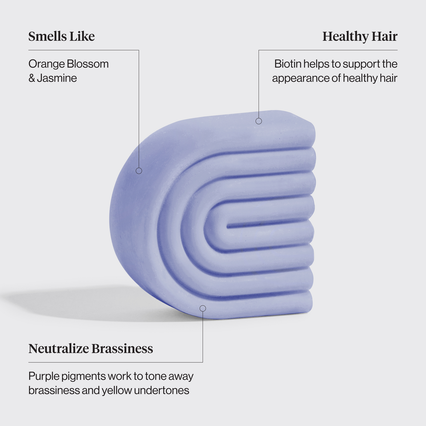 KITSCH Purple Toning Shampoo & Conditioner Bar Combo for Color-Treated & Grey Hair — Biotin purple toning conditioner bar ingredient close-up — 4OCEAN Certified, vegan, cruelty-free & made in the USA — reduces single-use plastic, saves two bottles of liquid shampoo/conditioner
