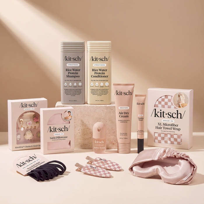 Kitsch Back to College Bundle featuring Rice Water Shampoo & Conditioner, Air Dry Cream, XL Microfiber Hair Towel Wrap, Satin Pillowcase, eye mask, hair clips, and hair elastics.