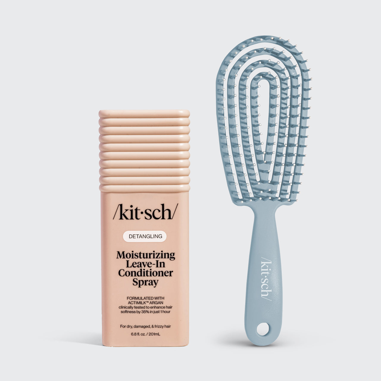 KITSCH Haze Blue Detangling Bundle — hero product flat-lay — Moisturizing Argan Milk Leave-In Conditioner with Haze Blue Detangling Flexi Brush — for frizz-free, tangle-free hair