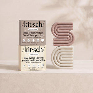 Kitsch Strengthening Rice Water Protein Solid Shampoo and Conditioner Bars shown side by side with retail packaging – clinically proven to increase hair volume by 20% after 5 washes, for thin, fine and damaged hair